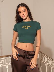 juhmazzocco Women's Cropped T-Shirt With Letter Embroidery - Dark Green - View 3