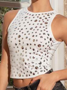 juhmazzocco Women's Y2K Fashionable Round Neck Full Rivet Cutout Shoulder Fitted Crop Top For Club/Music Festival - White - View 4