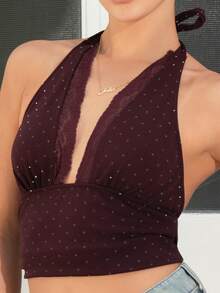 juhmazzocco Brown Polka Dot Lace Patchwork Textured Fabric Camisole, Sweet & Fashionable, Suitable For Outings And Gatherings, Spring/Summer - Brown - View 4