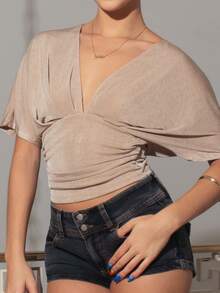 juhmazzocco Champagne Deep V Ruched Short Sleeve Tight Fitted Women T-Shirt Party Club Night Out Summer Sexy - Khaki - View 4