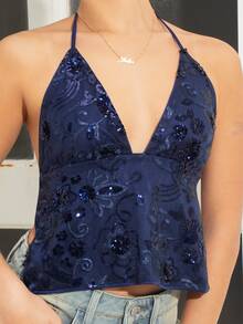 juhmazzocco Sexy Backless V-Neck Beaded Design Vest, American Classic Stylish Sleeveless Top For Party And Gathering - Blue - View 3