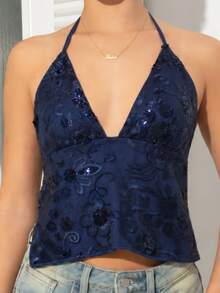 juhmazzocco Sexy Backless V-Neck Beaded Design Vest, American Classic Stylish Sleeveless Top For Party And Gathering - Blue - View 4