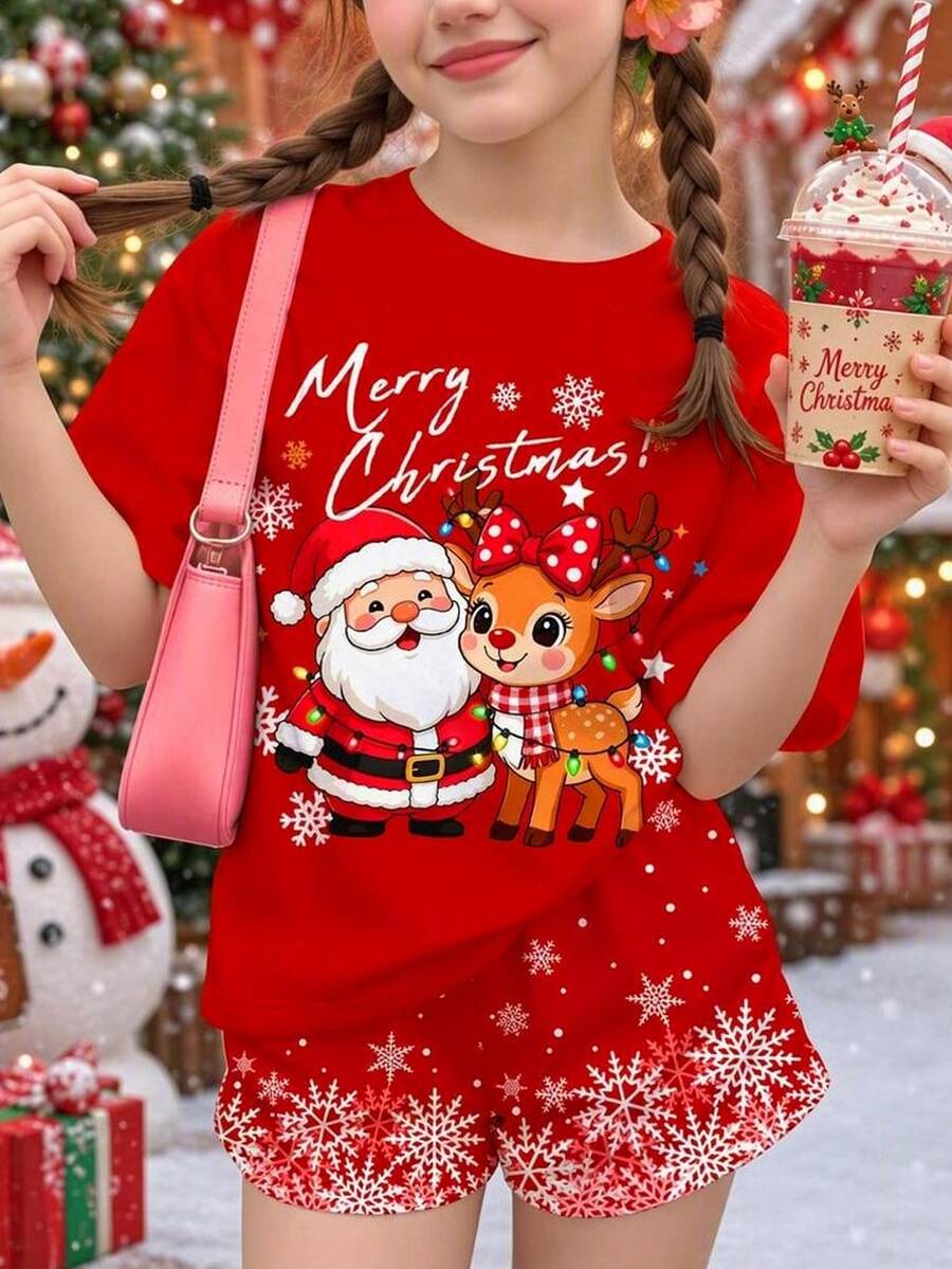 青少年女孩休閒簡約可愛趣味卡通聖誕老人麋鹿雪人圖案,漸層波點雪花,聖誕紅,圓領短袖T恤,適合聖誕可愛風,圖案上衣,可愛上衣,聖誕上衣 - 彩色 - 查看 1