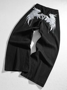 ROMWE MEN Street Life Men's Casual Washed Slogan & Wing Embroidered Straight Leg Jeans - Black - View 1