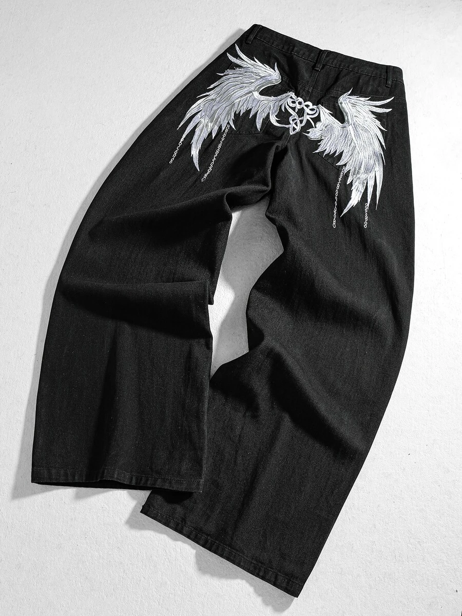 ROMWE MEN Street Life Men's Casual Washed Slogan & Wing Embroidered Straight Leg Jeans - Black - View 1