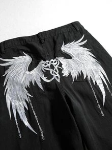 ROMWE MEN Street Life Men's Casual Washed Slogan & Wing Embroidered Straight Leg Jeans - Black - View 8