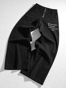 ROMWE MEN Street Life Men's Casual Washed Slogan & Wing Embroidered Straight Leg Jeans - Black - View 2