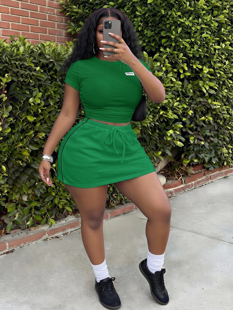Veslaya Plus Size Women's Round Neck Denim Short Sleeve Top And Shorts Casual Dressy Daily 2 Pieces Set Work Going Out Beach Green Summer - Green - View 4