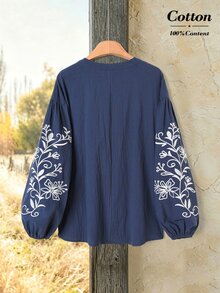 Rusticease Women's Floral Embroidered Lantern Sleeve Button Half-Placket Blouse - Navy Blue - View 2