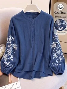 Rusticease Women's Floral Embroidered Lantern Sleeve Button Half-Placket Blouse - Navy Blue - View 1