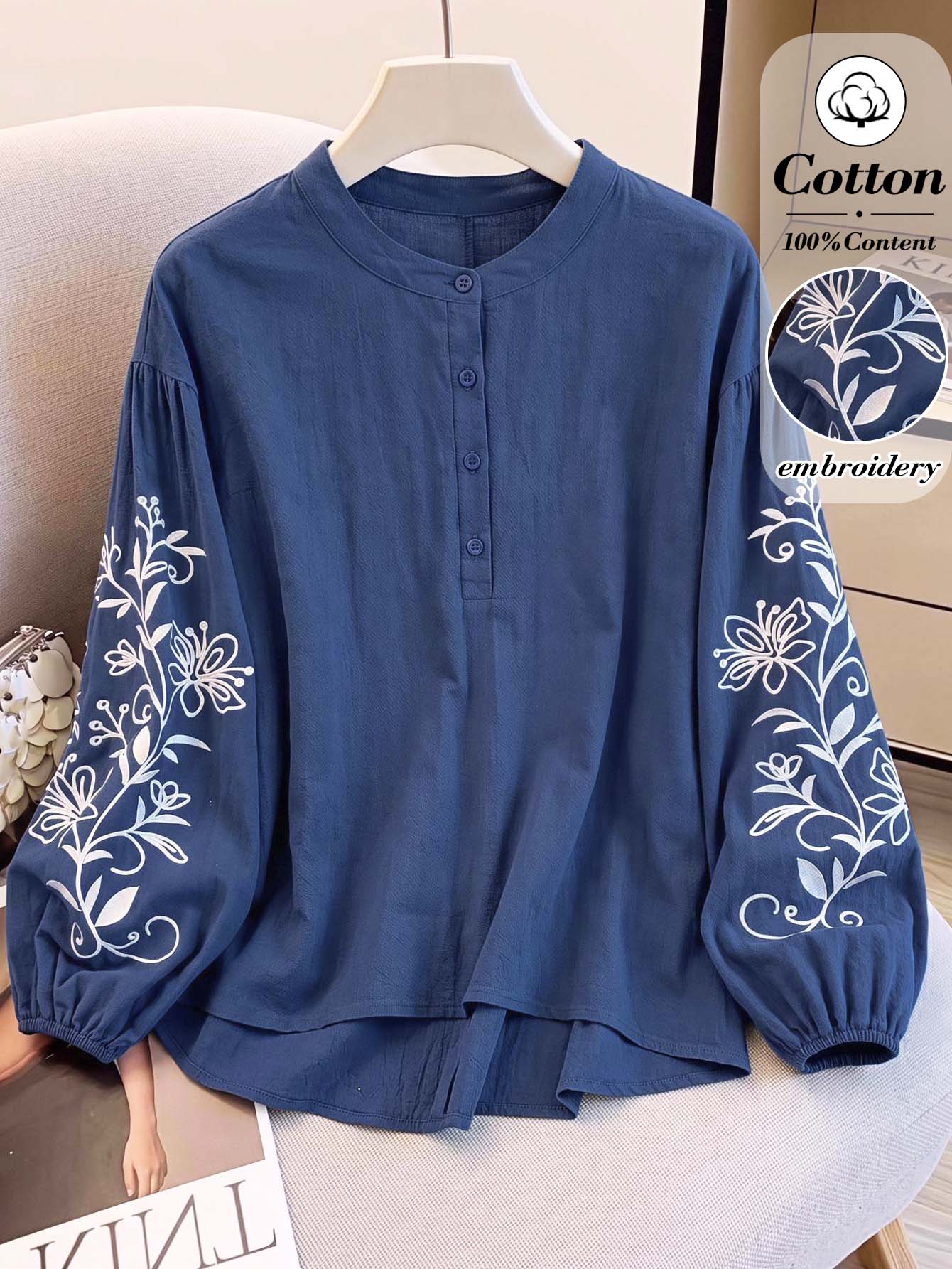 Rusticease Women's Floral Embroidered Lantern Sleeve Button Half-Placket Blouse - Navy Blue - View 1
