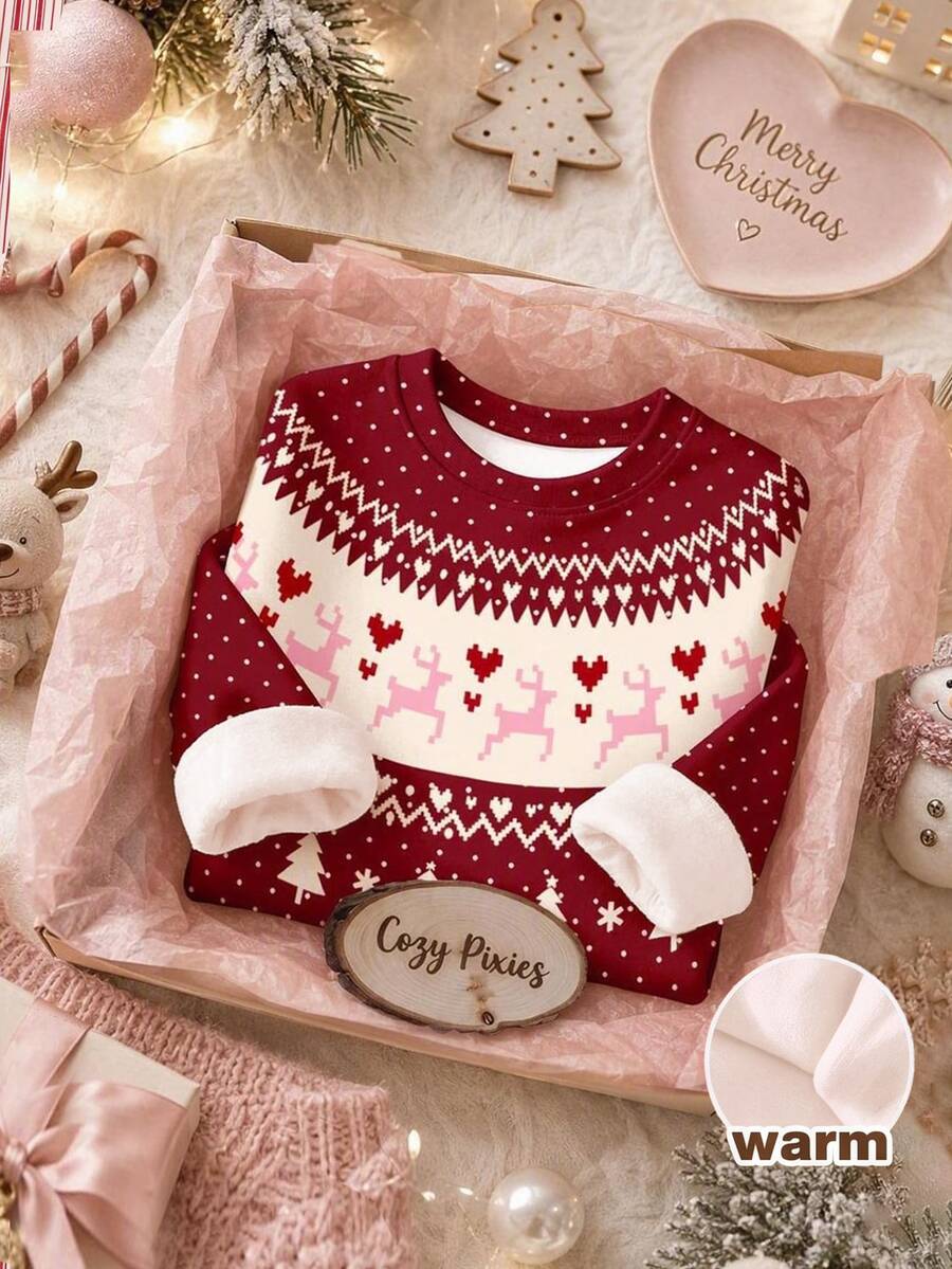 Baby Girl Casual Minimalist Loose Round Neck Sweatshirt, Thermal Lined, Cartoon Pattern, Suitable For Autumn/Winter - Multicolor - View 1