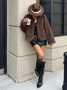 DAZY Women's Solid Color Fashion Versatile Daily Casual 90s Retro Long Sleeve Jacket Everyday Travel Dark Brown Fall Fleece Lined - Brown - View 3