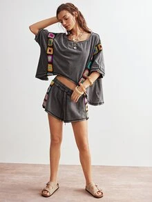 Bohemela 2pcs/Set Women Casual Boho Bohemian Solid Color Knit Patchwork Ribbon Round Neck Loose Short Sleeve T-Shirt Shorts Vacation Grey Summer - Black - View 9