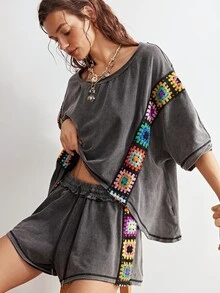Bohemela 2pcs/Set Women Casual Boho Bohemian Solid Color Knit Patchwork Ribbon Round Neck Loose Short Sleeve T-Shirt Shorts Vacation Grey Summer - Black - View 11