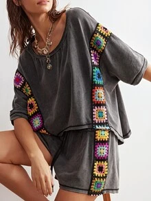 Bohemela 2pcs/Set Women Casual Boho Bohemian Solid Color Knit Patchwork Ribbon Round Neck Loose Short Sleeve T-Shirt Shorts Vacation Grey Summer - Black - View 3