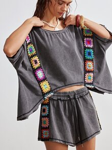 Bohemela 2pcs/Set Women Casual Boho Bohemian Solid Color Knit Patchwork Ribbon Round Neck Loose Short Sleeve T-Shirt Shorts Vacation Grey Summer - Black - View 2