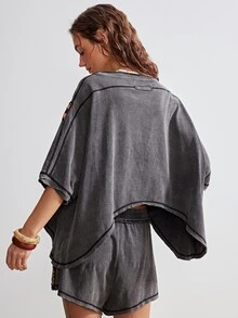 Bohemela 2pcs/Set Women Casual Boho Bohemian Solid Color Knit Patchwork Ribbon Round Neck Loose Short Sleeve T-Shirt Shorts Vacation Grey Summer - Black - View 10