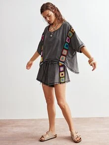 Bohemela 2pcs/Set Women Casual Boho Bohemian Solid Color Knit Patchwork Ribbon Round Neck Loose Short Sleeve T-Shirt Shorts Vacation Grey Summer - Black - View 8