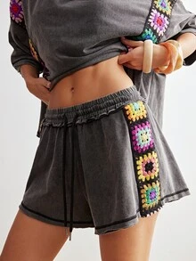 Bohemela 2pcs/Set Women Casual Boho Bohemian Solid Color Knit Patchwork Ribbon Round Neck Loose Short Sleeve T-Shirt Shorts Vacation Grey Summer - Black - View 6