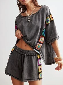 Bohemela 2pcs/Set Women Casual Boho Bohemian Solid Color Knit Patchwork Ribbon Round Neck Loose Short Sleeve T-Shirt Shorts Vacation Grey Summer - Black - View 7