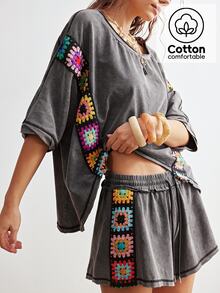 Bohemela 2pcs/Set Women Casual Boho Bohemian Solid Color Knit Patchwork Ribbon Round Neck Loose Short Sleeve T-Shirt Shorts Vacation Grey Summer - Black - View 4