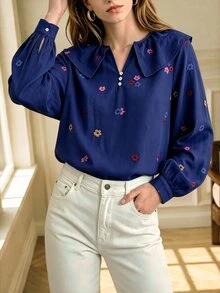 Écloséra Blus Lengan Panjang Wanita Elegan Berkerah V Warna-warni dengan Motif Bunga Kecil Berwarna-warni untuk Musim Semi/Gugur, Cocok untuk Acara Jalan-jalan, Kencan, dan Perjalanan Sehari-hari - Biru - View 5