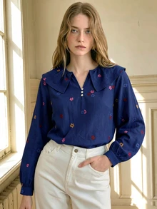 Écloséra Blus Lengan Panjang Wanita Elegan Berkerah V Warna-warni dengan Motif Bunga Kecil Berwarna-warni untuk Musim Semi/Gugur, Cocok untuk Acara Jalan-jalan, Kencan, dan Perjalanan Sehari-hari - Biru - View 6