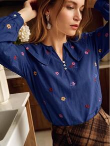 Écloséra Blus Lengan Panjang Wanita Elegan Berkerah V Warna-warni dengan Motif Bunga Kecil Berwarna-warni untuk Musim Semi/Gugur, Cocok untuk Acara Jalan-jalan, Kencan, dan Perjalanan Sehari-hari - Biru - View 1