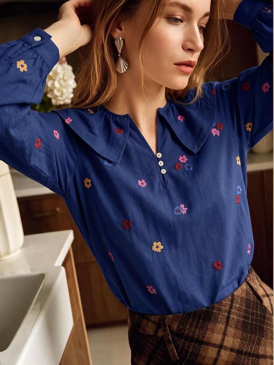 Écloséra Blus Lengan Panjang Wanita Elegan Berkerah V Warna-warni dengan Motif Bunga Kecil Berwarna-warni untuk Musim Semi/Gugur, Cocok untuk Acara Jalan-jalan, Kencan, dan Perjalanan Sehari-hari - Biru - View 1