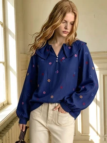 Écloséra Blus Lengan Panjang Wanita Elegan Berkerah V Warna-warni dengan Motif Bunga Kecil Berwarna-warni untuk Musim Semi/Gugur, Cocok untuk Acara Jalan-jalan, Kencan, dan Perjalanan Sehari-hari - Biru - View 7