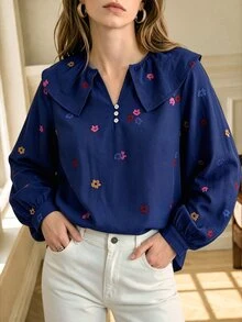 Écloséra Blus Lengan Panjang Wanita Elegan Berkerah V Warna-warni dengan Motif Bunga Kecil Berwarna-warni untuk Musim Semi/Gugur, Cocok untuk Acara Jalan-jalan, Kencan, dan Perjalanan Sehari-hari - Biru - View 3