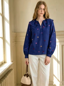 Écloséra Blus Lengan Panjang Wanita Elegan Berkerah V Warna-warni dengan Motif Bunga Kecil Berwarna-warni untuk Musim Semi/Gugur, Cocok untuk Acara Jalan-jalan, Kencan, dan Perjalanan Sehari-hari - Biru - View 4