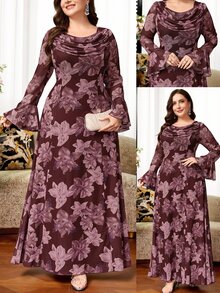 Reflora Plus Size Women's Floral Print Pleated Flare Sleeve Elegant Celestial Dress Autumn Wedding Dinner Formal Party Christening Guest Brunch Dark Purple - Green - View 11