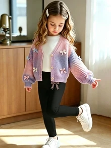 SHEIN Playful Pals 開學季女孩彩虹漸層開襟衫，馬卡龍粉仙女風可愛蝴蝶結裝飾毛衣外套，少女鈕扣針織秋季上衣 - 中紫紅色 - 查看 5