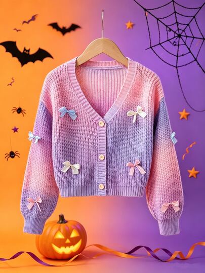 SHEIN Playful Pals Back-To-School Girl Rainbow Gradient Cardigan, Pastel Pink Fairy School Girl Cute Bow Decor Sweater Jacket, Young Girl Button Knit Autumn Clothes