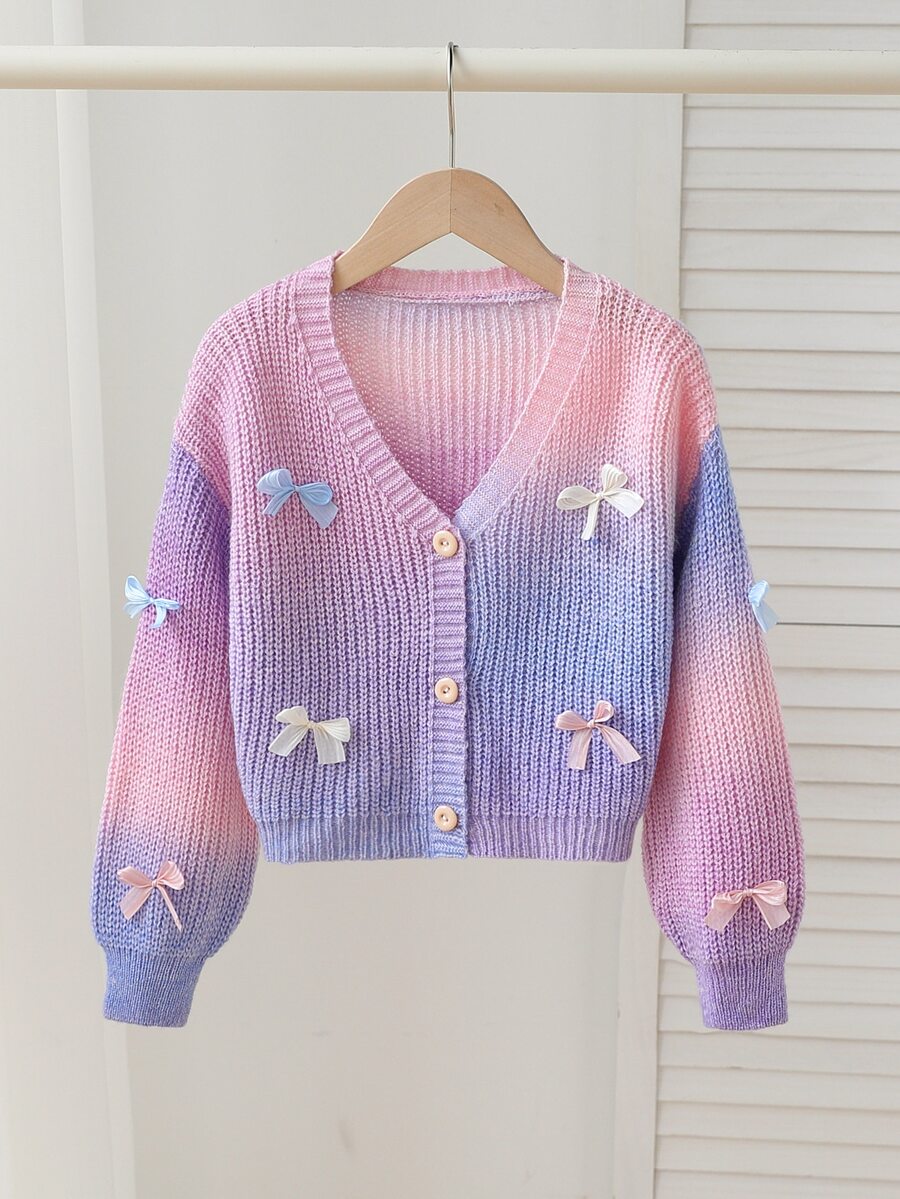 SHEIN Playful Pals 開學季女孩彩虹漸層開襟衫，馬卡龍粉仙女風可愛蝴蝶結裝飾毛衣外套，少女鈕扣針織秋季上衣