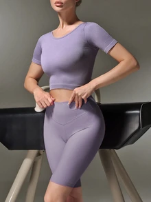 Nuvra Women's Seamless Twisted Hollow Back Ribbed Cropped Top, Tight Fit Yoga Sporty Athleisure Knit Short Sleeve Gym Workout Purple Summer - Purple - View 11