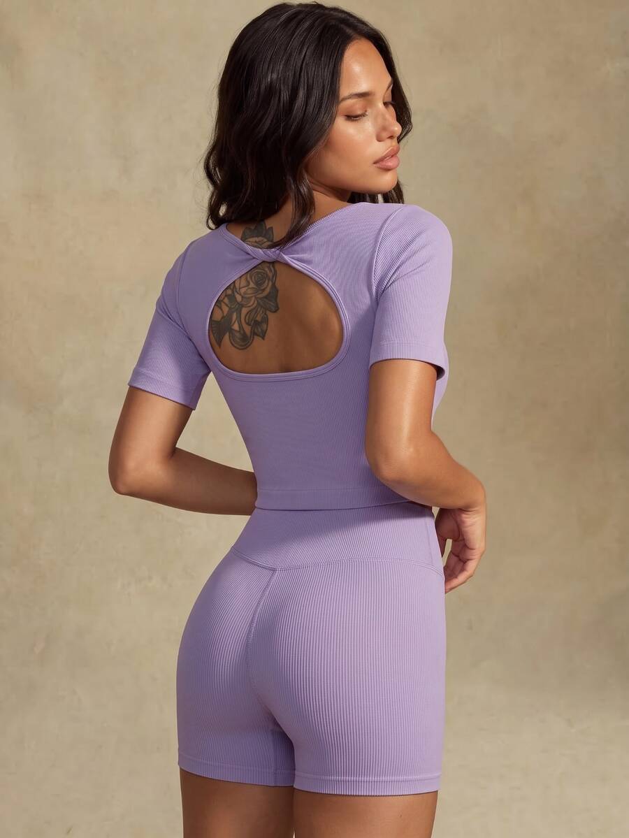 Nuvra Women's Seamless Twisted Hollow Back Ribbed Cropped Top, Tight Fit Yoga Sporty Athleisure Knit Short Sleeve Gym Workout Purple Summer - Purple - View 1