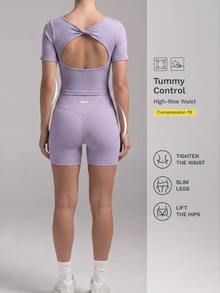 Nuvra Women's Seamless Twisted Hollow Back Ribbed Cropped Top, Tight Fit Yoga Sporty Athleisure Knit Short Sleeve Gym Workout Purple Summer - Purple - View 9