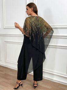 Reflora Plus Size Black And Gold Sequin Patchwork Cocktail Formal Round Neck Asymmetrical Top And Wide Leg Pants Elegant 2 Pieces Set For Wedding Work Autumn - Black - View 3