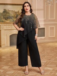 Reflora Plus Size Black And Gold Sequin Patchwork Cocktail Formal Round Neck Asymmetrical Top And Wide Leg Pants Elegant 2 Pieces Set For Wedding Work Autumn - Black - View 7
