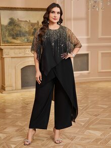 Reflora Plus Size Black And Gold Sequin Patchwork Cocktail Formal Round Neck Asymmetrical Top And Wide Leg Pants Elegant 2 Pieces Set For Wedding Work Autumn - Black - View 5