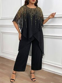 Reflora Plus Size Black And Gold Sequin Patchwork Cocktail Formal Round Neck Asymmetrical Top And Wide Leg Pants Elegant 2 Pieces Set For Wedding Work Autumn - Black - View 9