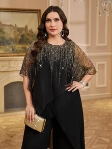 Reflora Plus Size Black And Gold Sequin Patchwork Cocktail Formal Round Neck Asymmetrical Top And Wide Leg Pants Elegant 2 Pieces Set For Wedding Work Autumn - Black - View 8