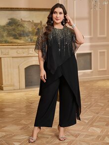 Reflora Plus Size Black And Gold Sequin Patchwork Cocktail Formal Round Neck Asymmetrical Top And Wide Leg Pants Elegant 2 Pieces Set For Wedding Work Autumn - Black - View 6