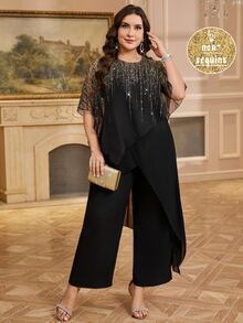 Reflora Plus Size Black And Gold Sequin Patchwork Cocktail Formal Round Neck Asymmetrical Top And Wide Leg Pants Elegant 2 Pieces Set For Wedding Work Autumn - Black - View 4