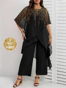 Reflora Plus Size Black And Gold Sequin Patchwork Cocktail Formal Round Neck Asymmetrical Top And Wide Leg Pants Elegant 2 Pieces Set For Wedding Work Autumn - Black - View 2