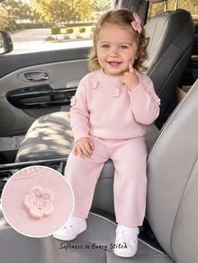 SHEIN Baby Girls Cute Hand Crochet Flower Crew Neck Knit Sweater Outfit - Baby Pink - View 8