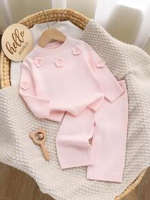 SHEIN Baby Girls Cute Hand Crochet Flower Crew Neck Knit Sweater Outfit - Baby Pink - View 1